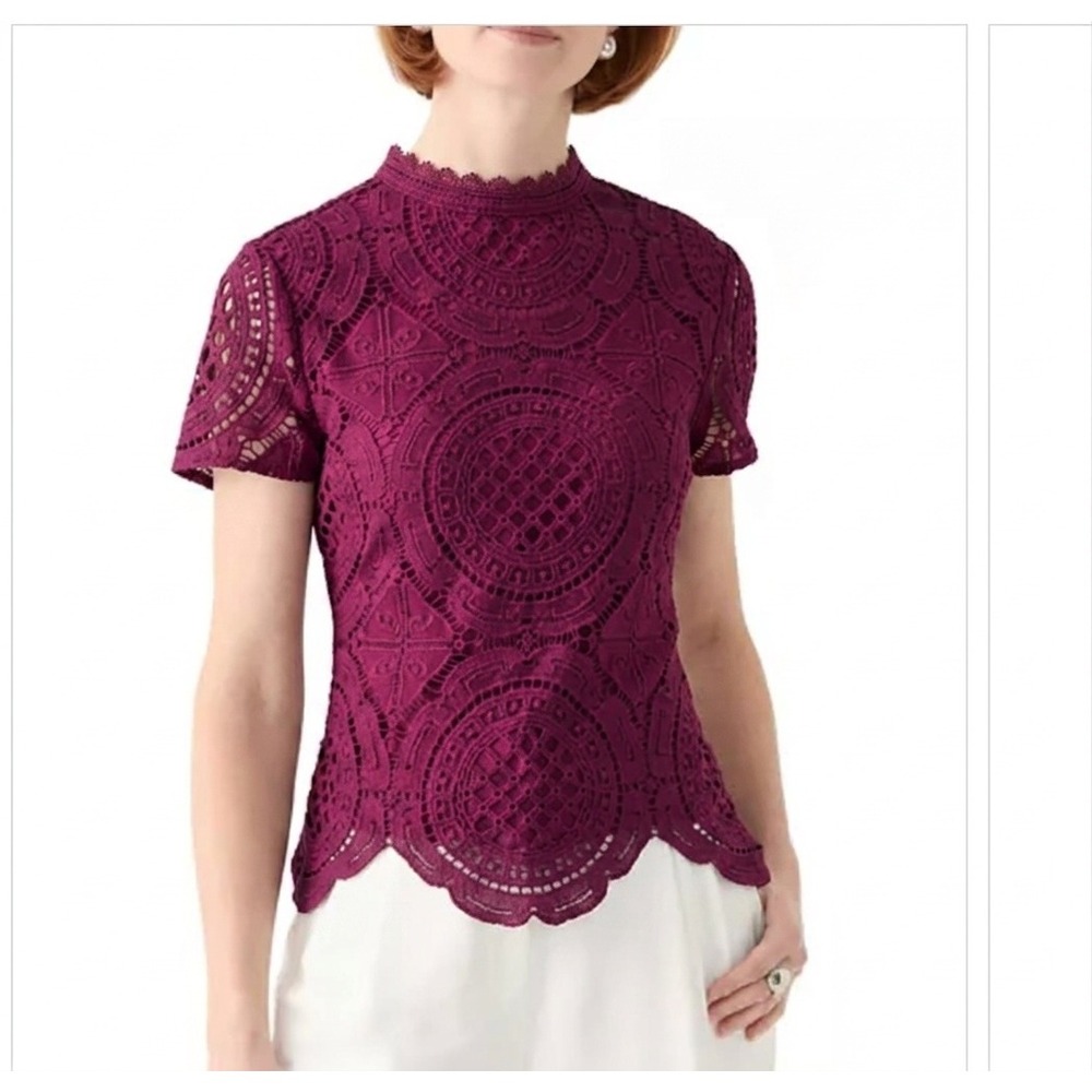 Ultra Pink Magenta Blouse; Crochet Lace Short Sleeve Mock Neck Scalloped Hem